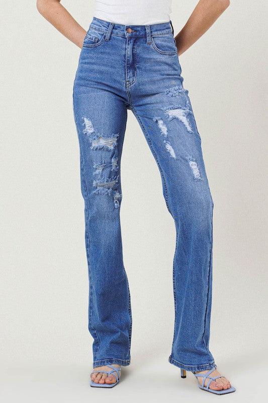 High Rise Distressed Straight Leg