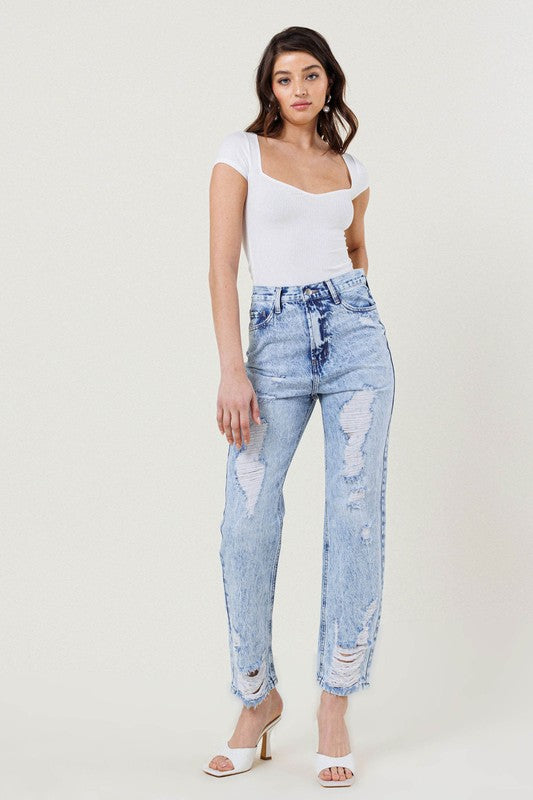 High Waisted Straight Leg In Vintage Acid Wash