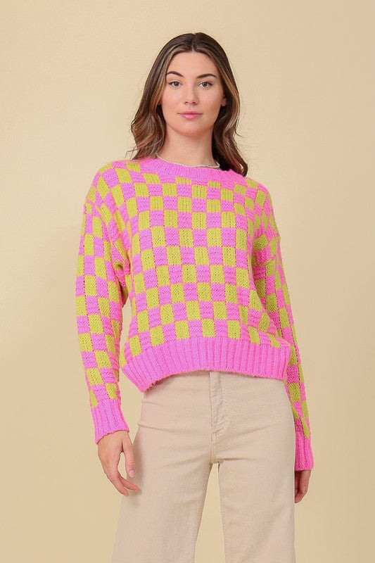 Long Sleeve Checkerboard Pullover Sweater