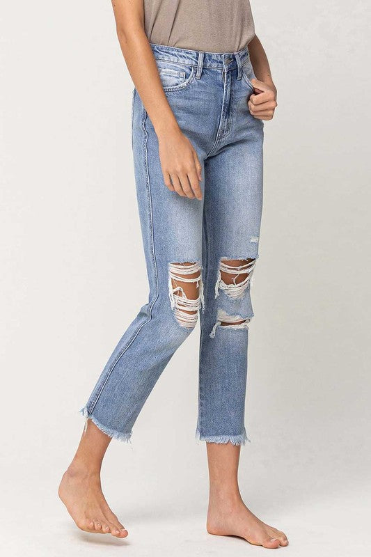 Super High Rise Distressed  Relaxed Straight