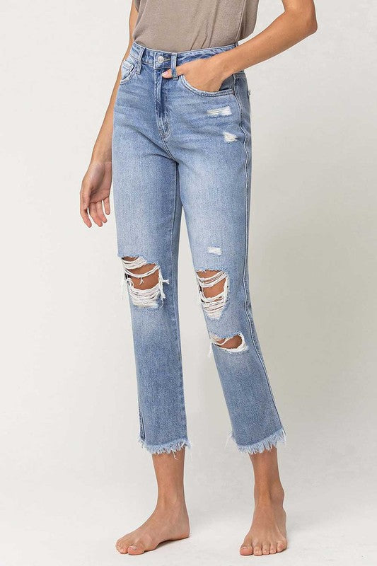 Super High Rise Distressed  Relaxed Straight