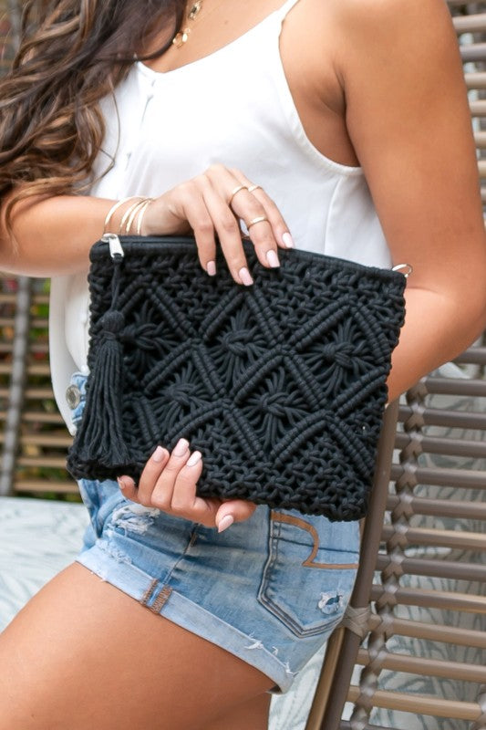 Black macrame clutch