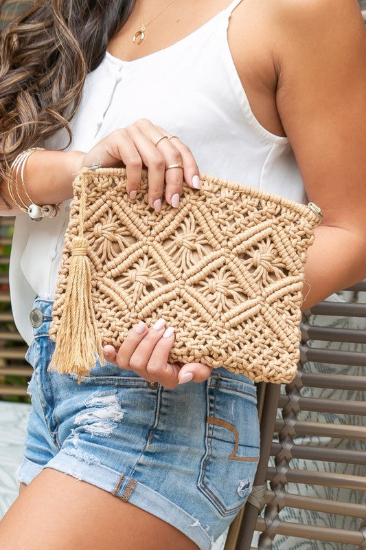 Khaki macrame clutch