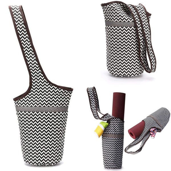 This tote carries most yoga mat sizes and has moisture wicking fabric and extra pockets for your keys and I.D.