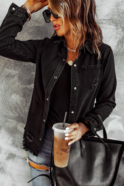 Woman in black denim snap down jacket