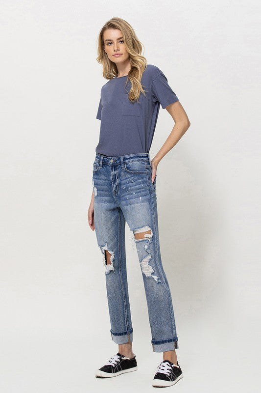 Stretch Boyfriend Jeans W Paint Spatter Detail