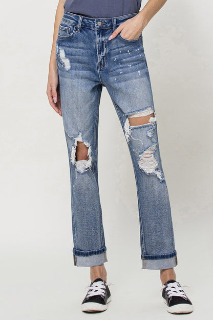 Stretch Boyfriend Jeans W Paint Spatter Detail