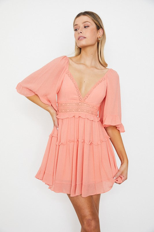 Short dress with flutter sleeve and ruffle trim