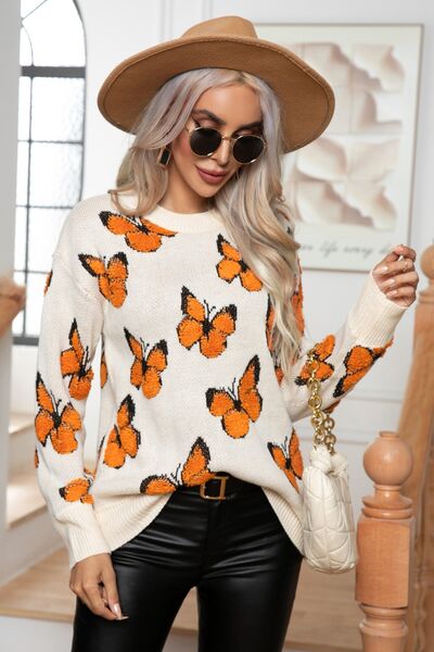 Butterfly Print Long Sleeve Sweater