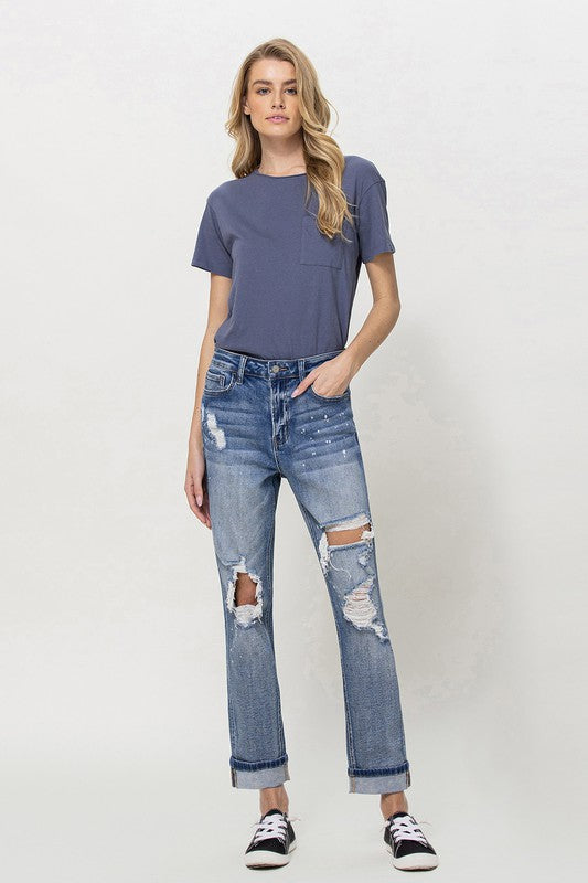 Stretch Boyfriend Jeans W Paint Spatter Detail